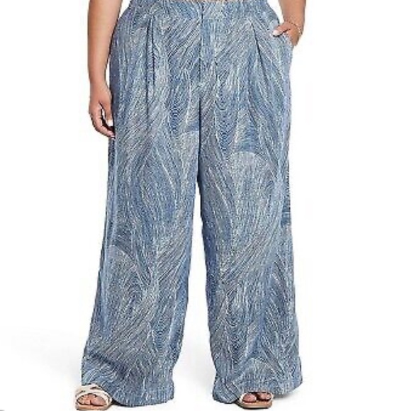 Fe Noel Pants - Noel Women's Fine Line Print Wide Leg Pants Blue/White 2X
